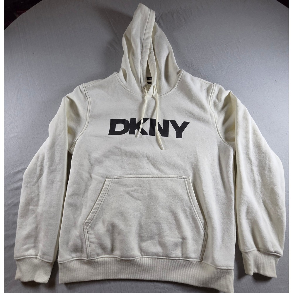 DKNY Logo Hoodie Cream White Black Graphic Pullover Sweatshirt Unisex Large